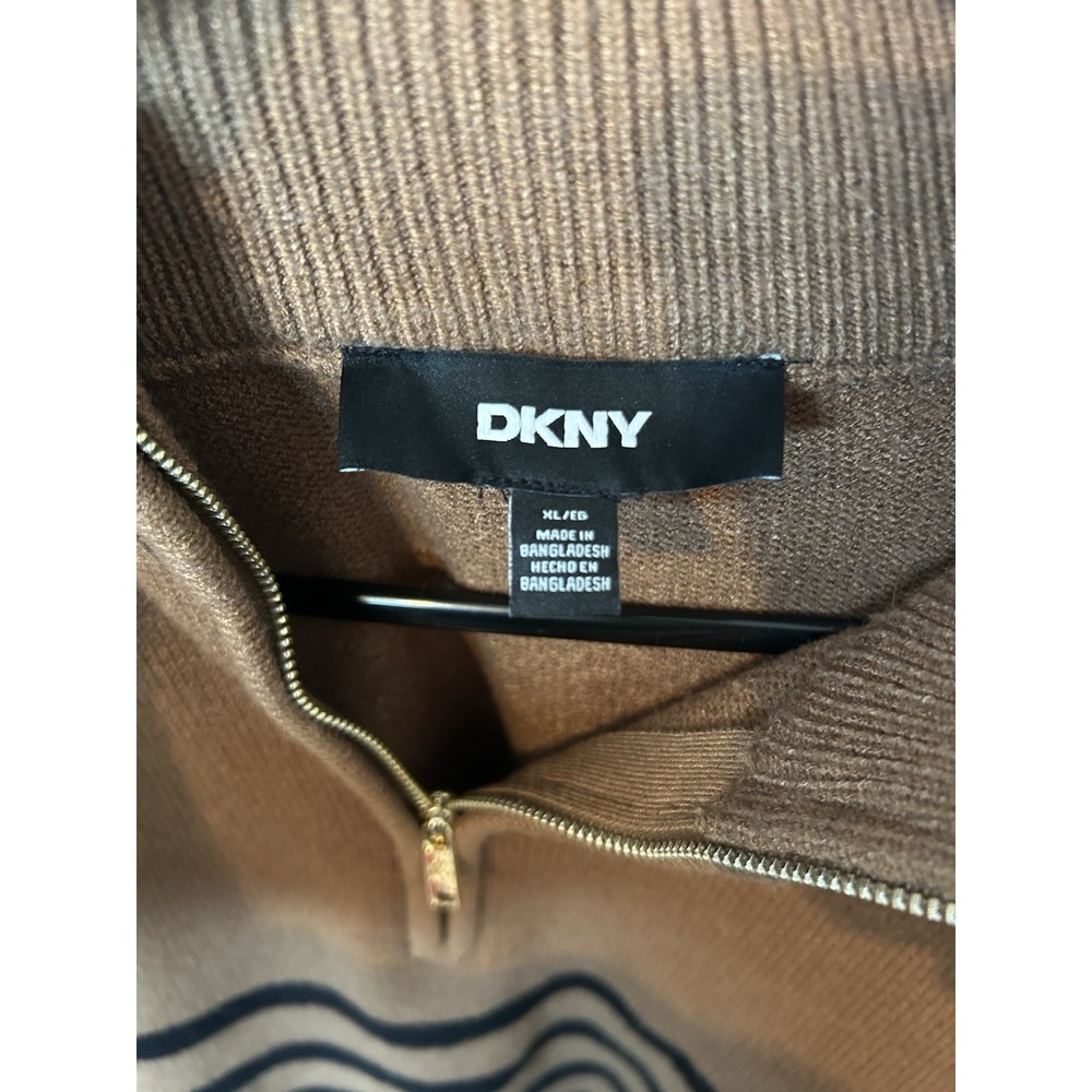 DKNY Sweater Women XL Brown Striped Quarter Zip Pullover Mock Neck Rayon Blend - Picture 4 of 9